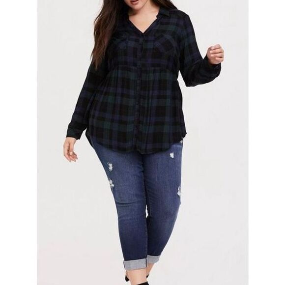 torrid Tops - Torrid Emma Dark Green & Navy Plaid Twill Babydoll Tunic size 2